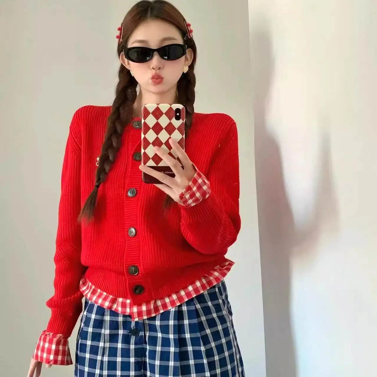 

Korean Sle Red Plaid Knitted ort Cardigan Women's Autumn Winter Patchwork Sweater Coat Warmth Flared Sve round Ne Lo...