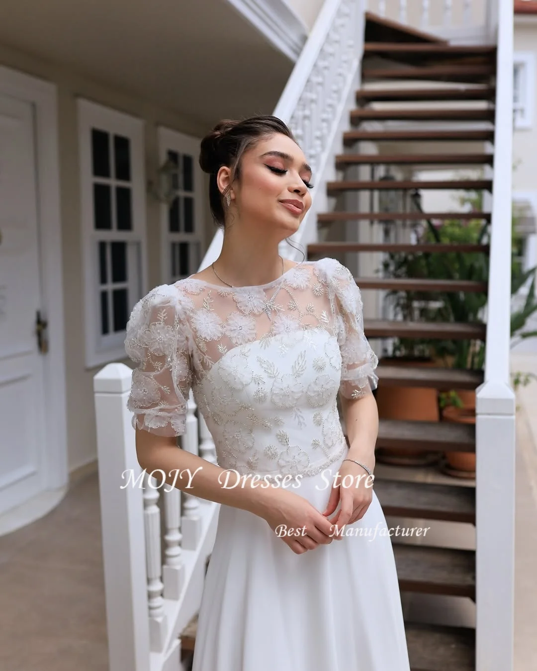 Mojy clássico vestido de casamento noiva mangas curtas colher pescoço miçangas apliques bolso uma linha vestido de noiva robe mariee tornozelo-comprimento