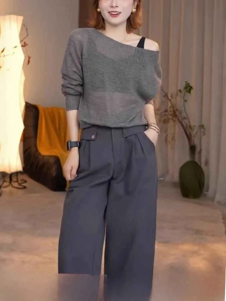 

Ladies' Loose Wide Leg Pants High Waist Straight Cut Commute Style Korean Fashion Elements Pocket Detail No Ironing Needed