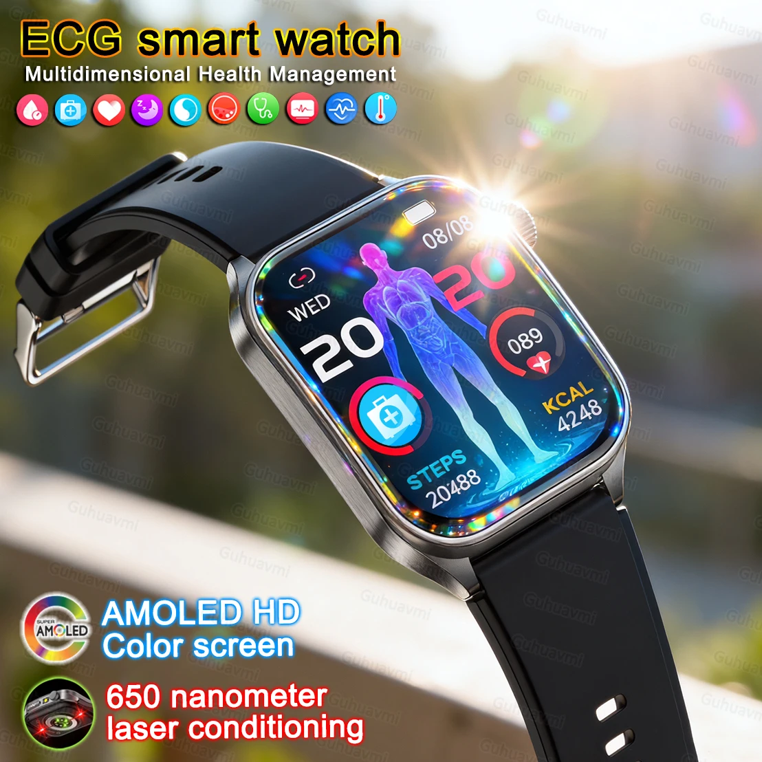 

New Smart Watch Sports Health tracking Watch Blood Pressure oxygen AI diagnosis ECG 650nm Dual probe laser sapphire Smartwatch