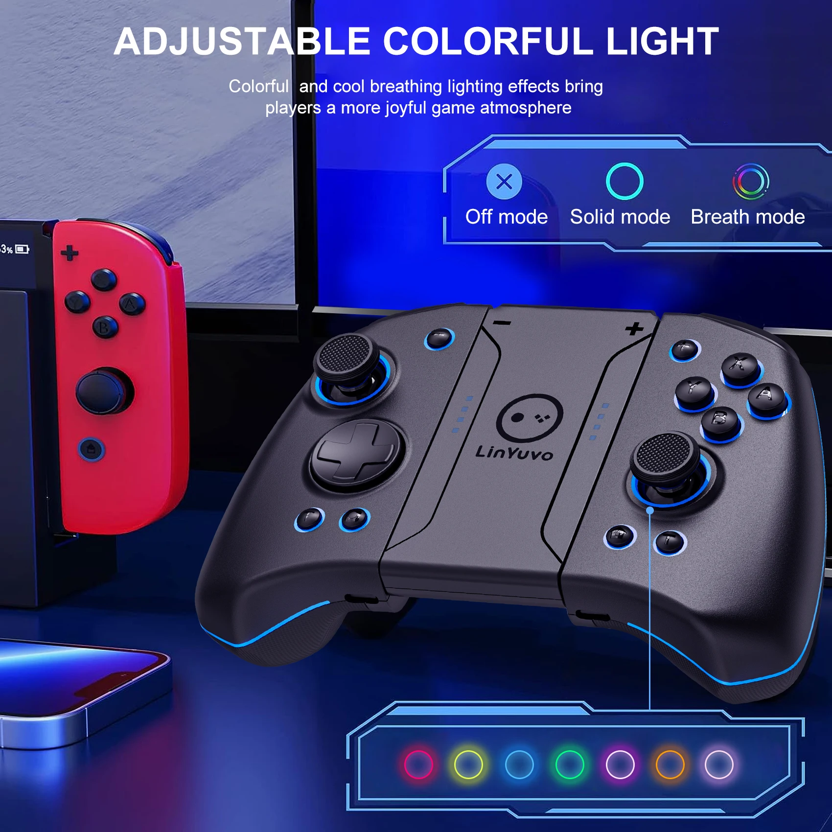 LinYuvo Joy-pad wireless Meteor Light con pulsanti meccanici per interruttore/OLED, con giroscopio programmabile a 6 assi, turbo e vibrazione