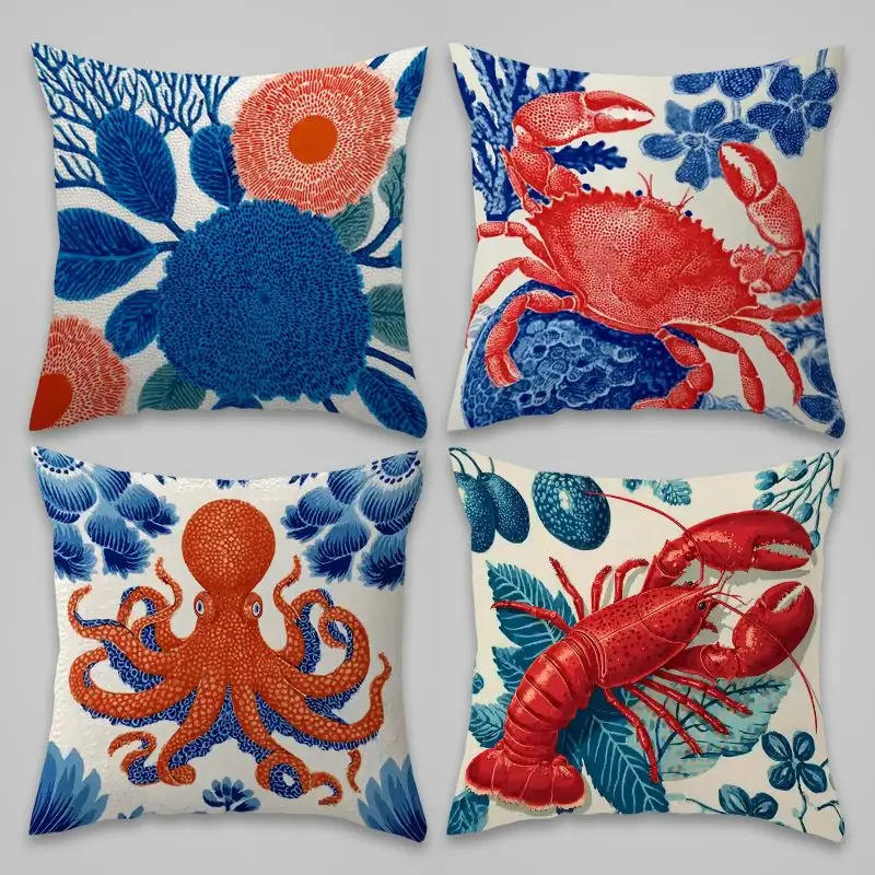 Decorative Ocean Sea Life Pillow Covers Set Nautical Crab Octopus Lobster Cushion Art Home Decor 4 Pack 45x45cm Print