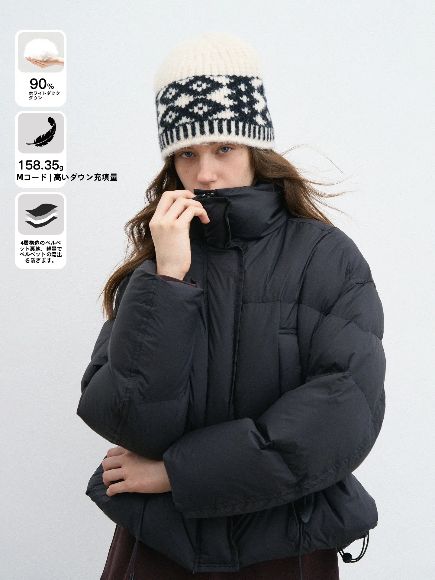 

Женская куртка-пуховик Eylilac Stand 90 белого цвета с воротником-стойкой, на шнурке на талии, с короткой молнией