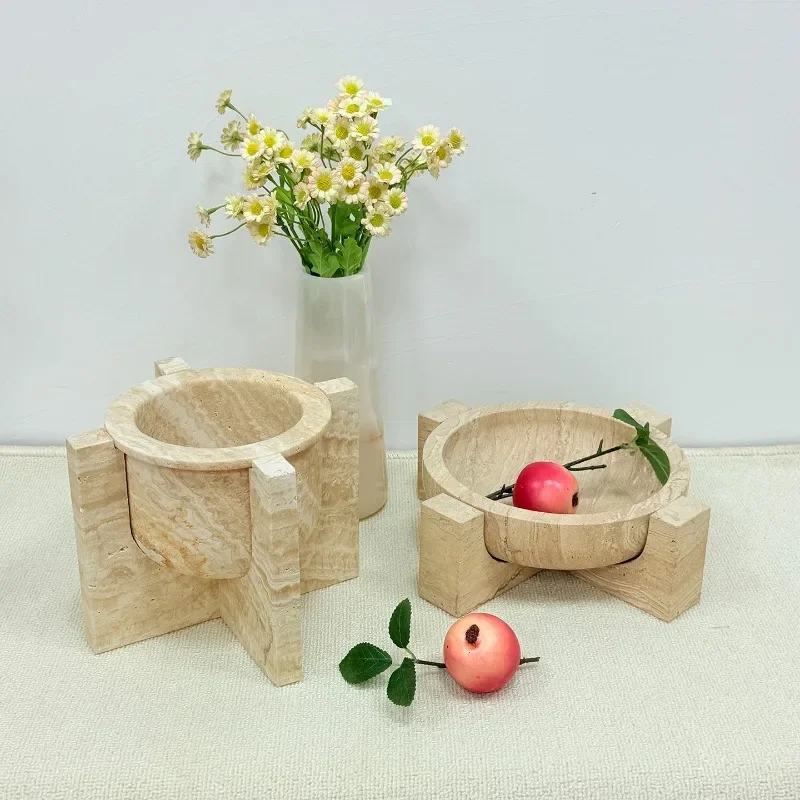 【Natural】Nordic Light Luxury INS Style Natural Travertine Fruit Bowl Decor for Model House Dining Living Room Coffee Table