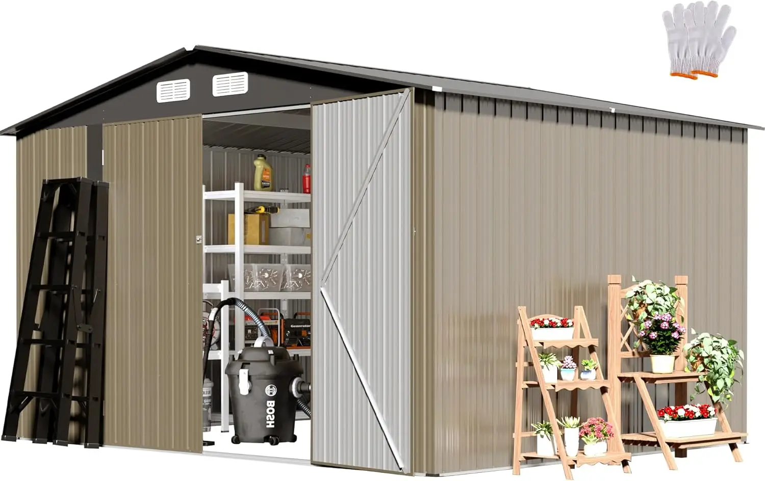 

Large Storage Shed, 10' × 8' FT Metal Storage Shed with Lockable Door, Waterproof Shed Outdoor Use, Tool Shed, Brown