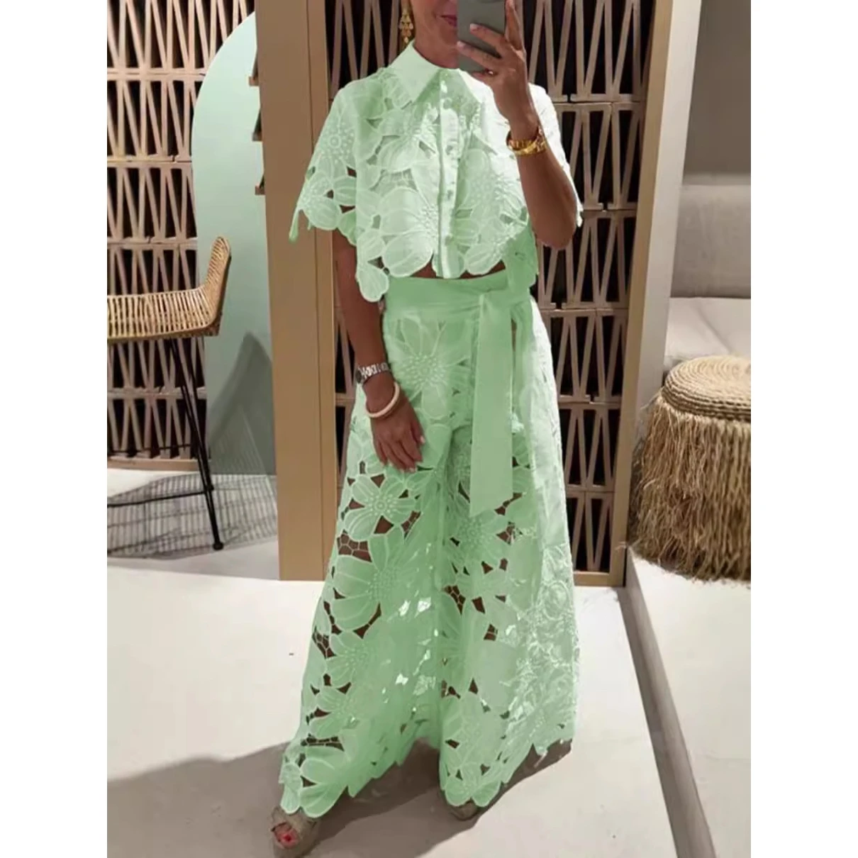 Summer 2025 Sexy Hollow out Cardigan Top And Wide Leg Pants Two Piece Set Women's Pure Color Cross Border New Arrival