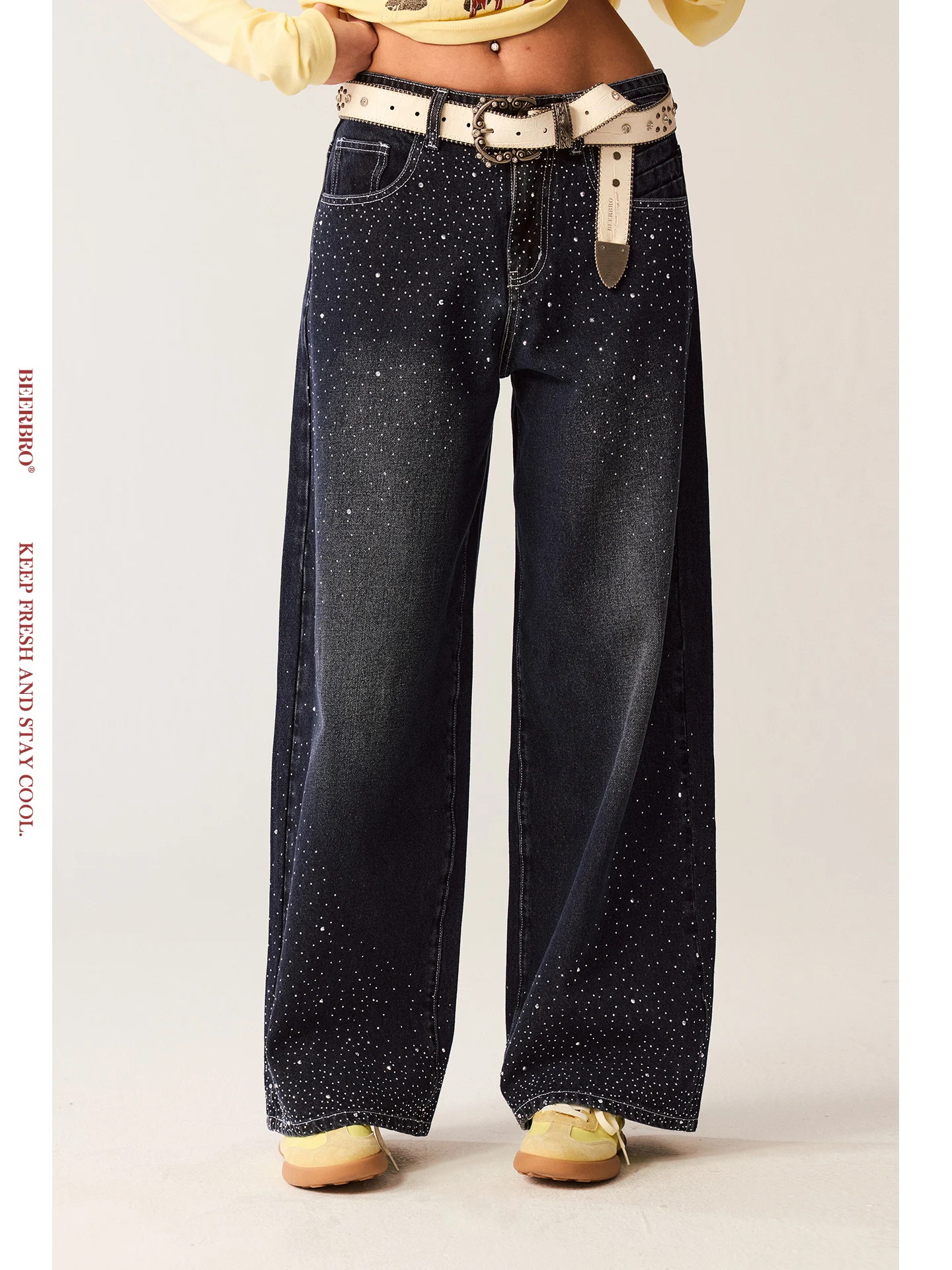 

BeerBro Vintage Sound Wave Heavy Du Waed Rhinestone Loose Straight Leg Jeans Women's Low Waist Cotton Color