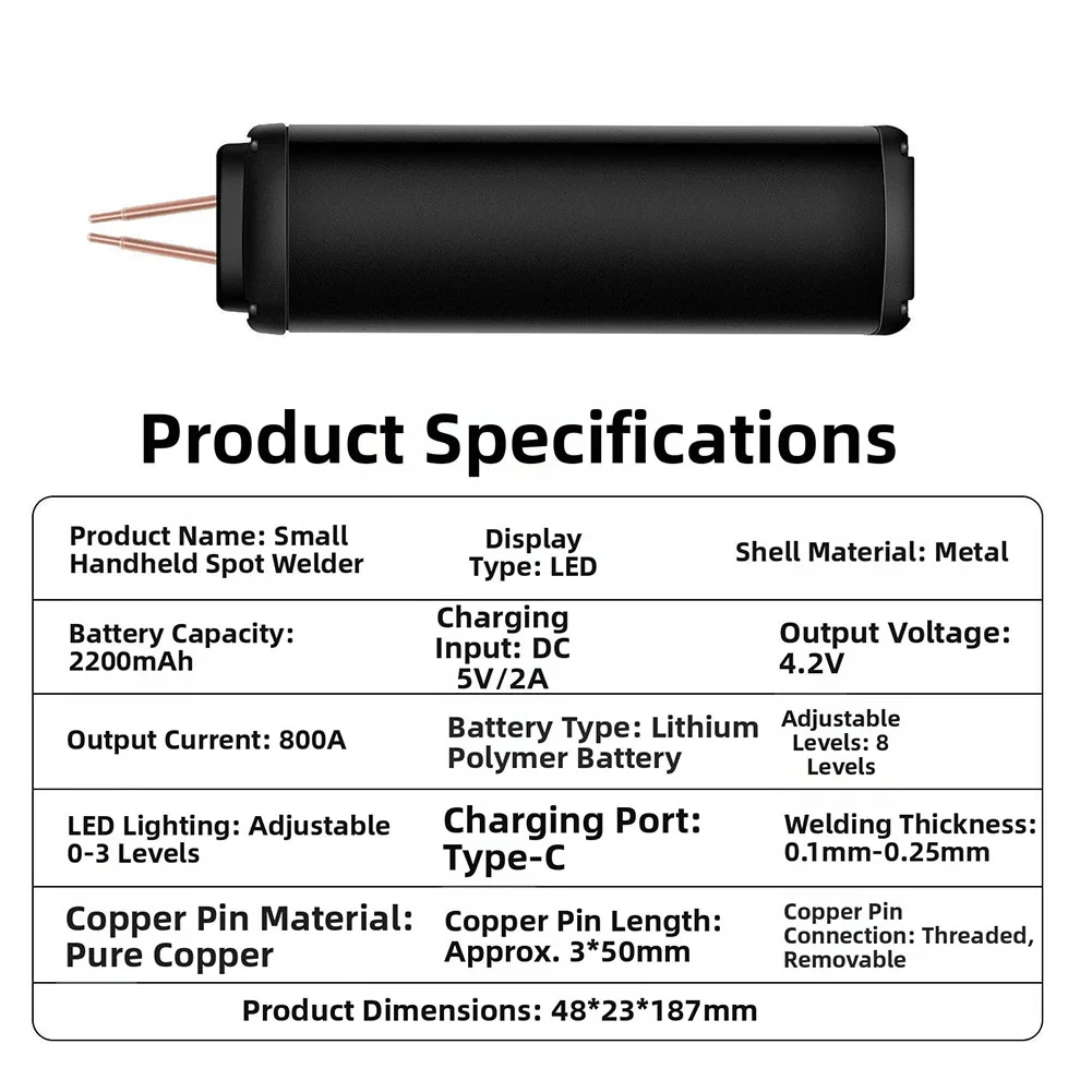 Handheld Spot Welder with 8 Adjustable Output Levels and LED Display for Lithium Battery Pack Assembly and Repair Work