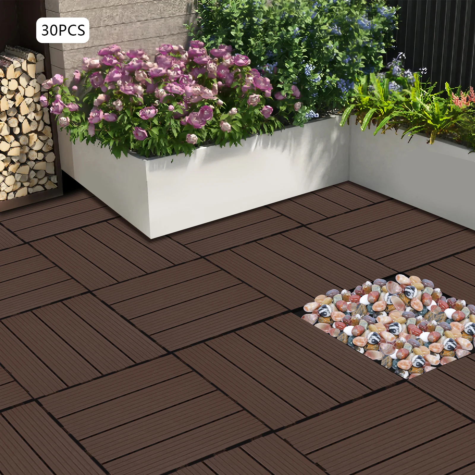 

30pcs Coffee Color PVC Floor Tiles for Balcony Backyard Durable Easy-to-Install Interlocking Tile Set