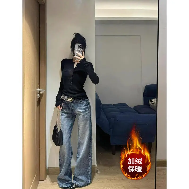 

Vintage Flared Jeans Women's Winter Low Waist Slim Fit Bootcut Fleece-Lined Pants