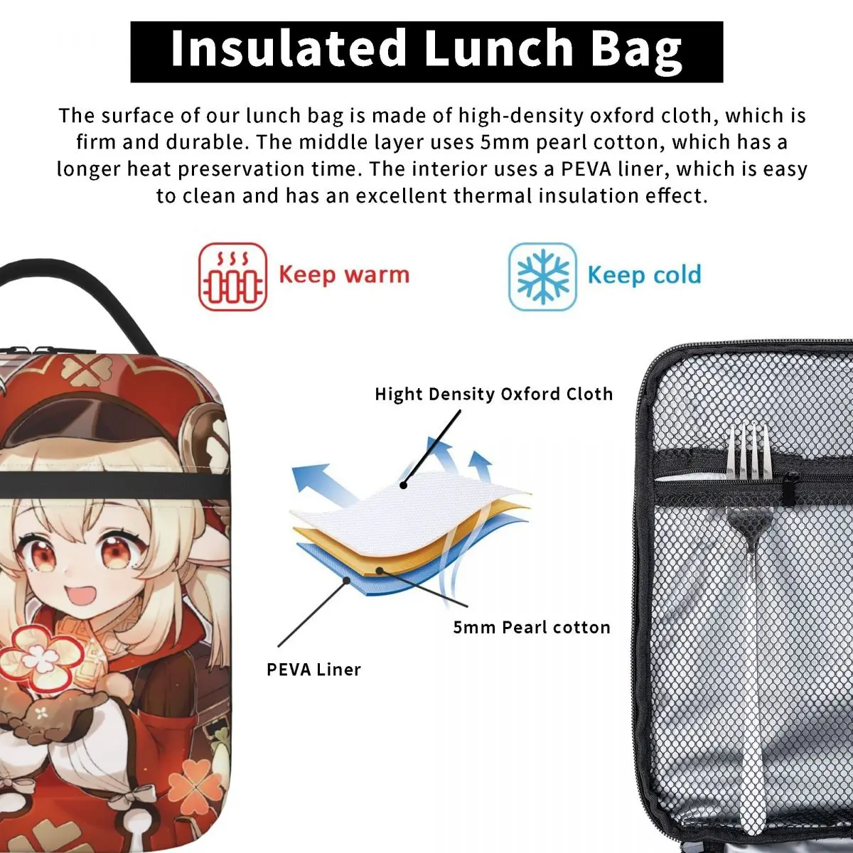 Genshin Impact Klee Insulated Lunch Bags for Camping Travel Anime Game Waterproof Cooler Thermal Bento Box Women Kids