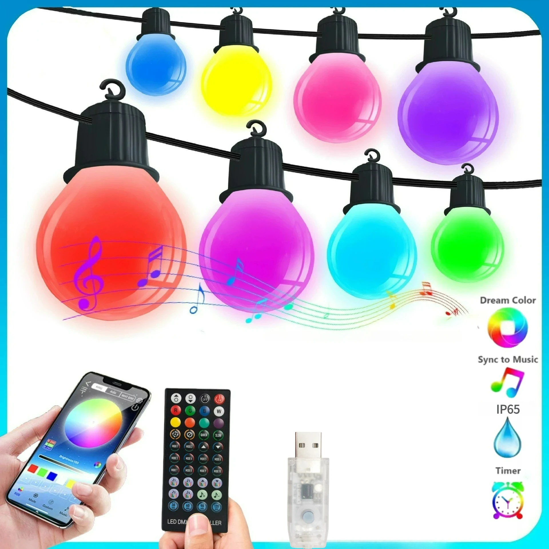 Smart Outdoor String Lights RGBIC Color Changing LED Patio Light IP65 with G40 Bulbs, Remote, App Control, Timer, Music Sync