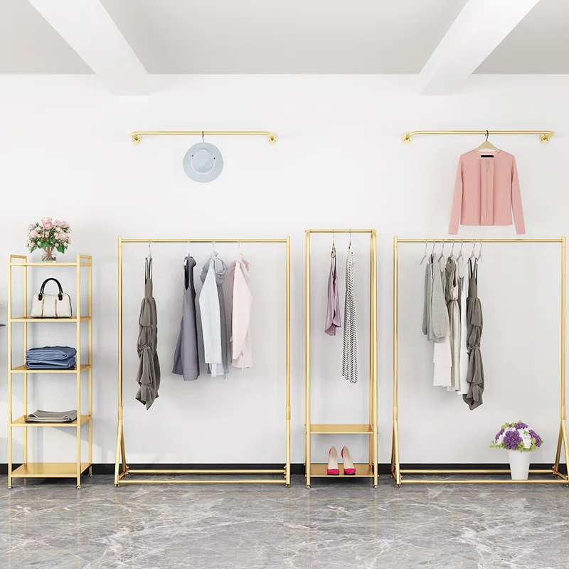 

Simple gold clothing store display rack Floor-to-ceiling hanger Men's and women's clothing store clothes rack Bag display rack