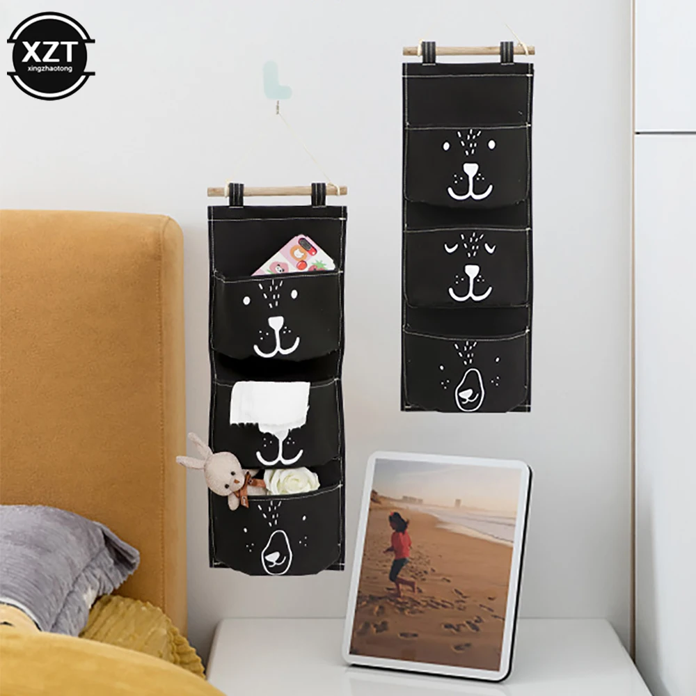 3 Pockets Wall Mounted Cotton Storage Bag Closet Cute Organizer Clothes Waterproof Sundries Bags Children Room Pouch Home Deco