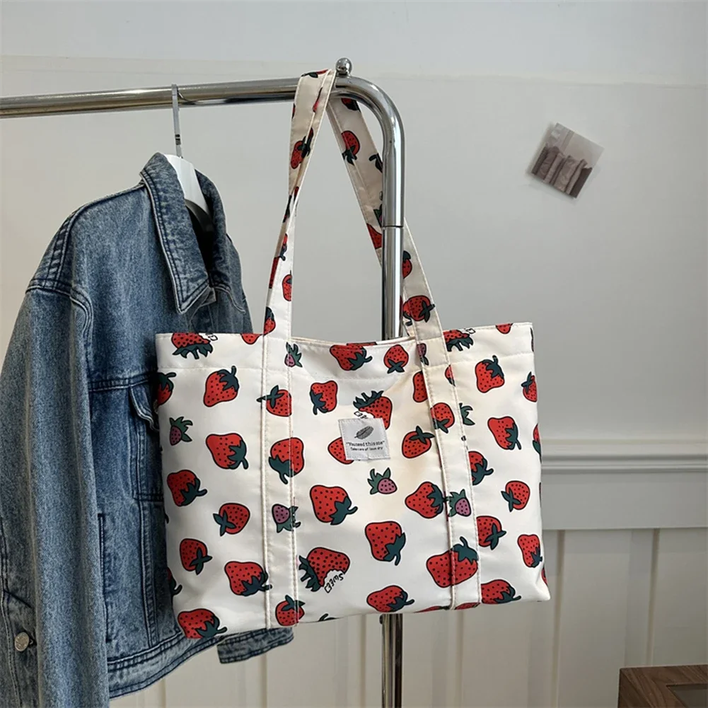 Cute Cherry Strawberry Print Casual Tote Bag Large Capacity Shopping Bag Nylon Aesthetic Handbag Grocery Bag for Women