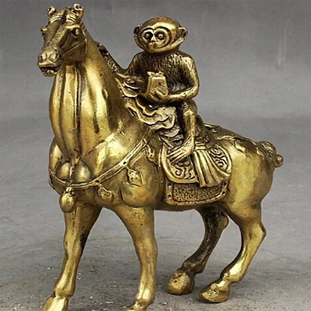 16cm Bronze Pure Brass Good Value Lucky Folk China Fengshui Brass Monkey Ride Horse Ma Shang Feng Hou Auspicious Statue