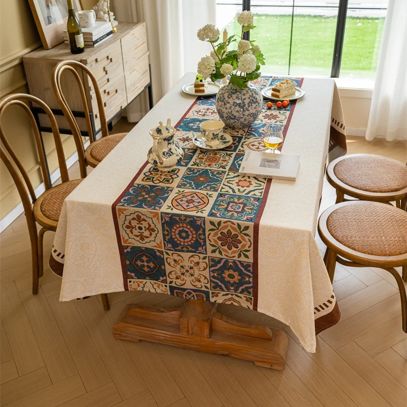 

Vintage Polyester Cotton Jacquard Tablecloth Floral Rectangular Dustproof Dining&Coffee Table Cover Color Blocking Tablemats