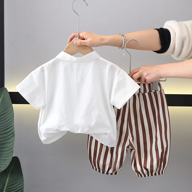 Infant Boys Daily Two Piece Clothes Set Simple White Lapel Shirt Brown Vertical Striped Elastic Cuff Casual Jogger Pants Suit