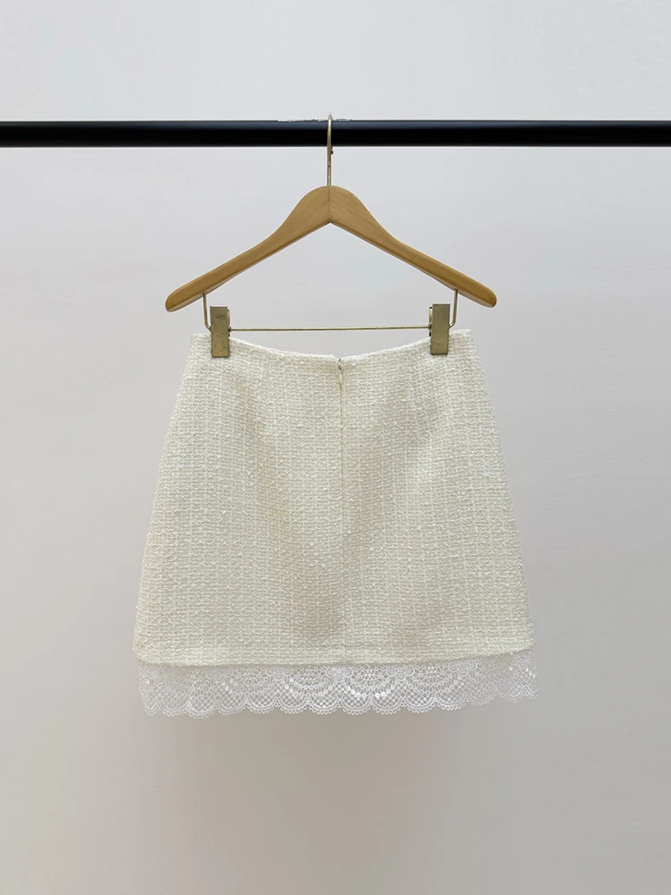 Summer Fashion Ivory White Tweed Sexy Mini Pencil Skirt Women's Middle Waist Slim Butterfly-knot Fake Pocket Lace Hem Skirt