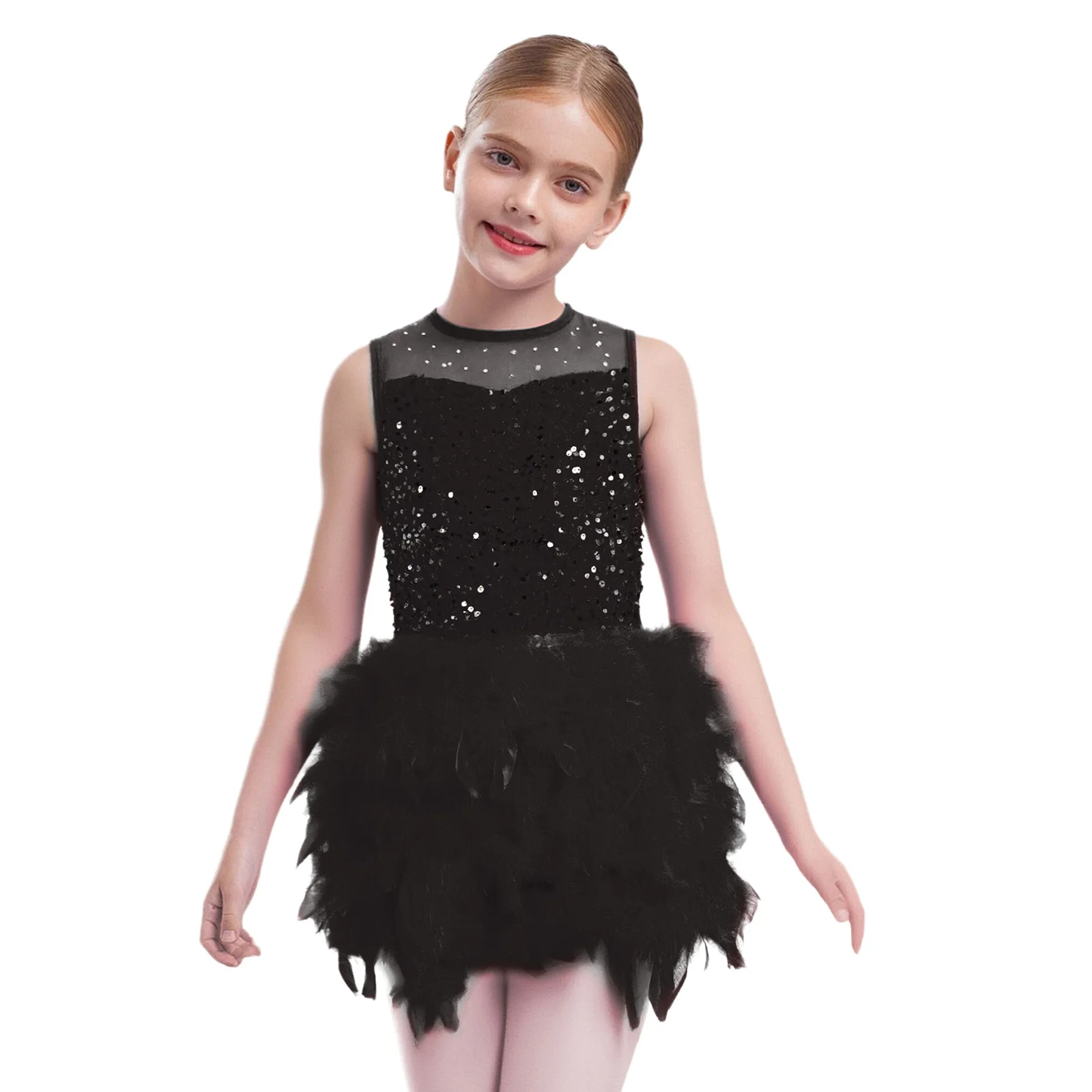 

Kids Girls Ballet Ballroom Dance Performance Costume Sleeveless Sheer Mesh Sequins Feather Velvet Dress for Tap Modern Dancewear