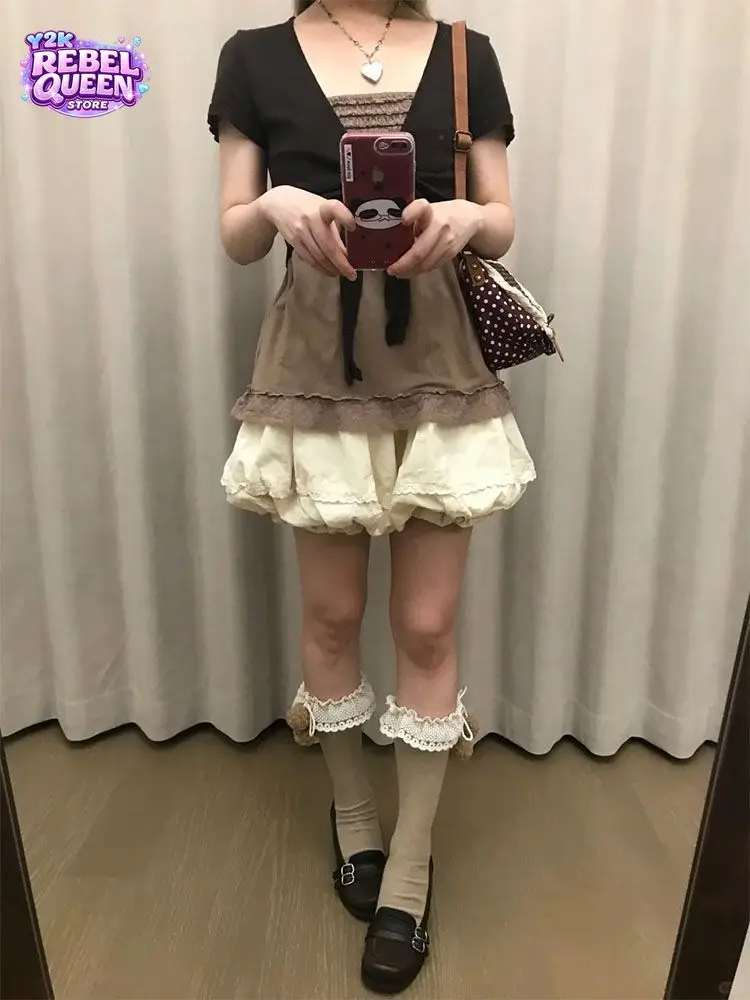 Y2K Japanese Vintage Petite 2 Piece Set   Women Crop Cardigan Cami High Waist Bubble Skirt Lace Trim Slim Fit  Casual Outfit