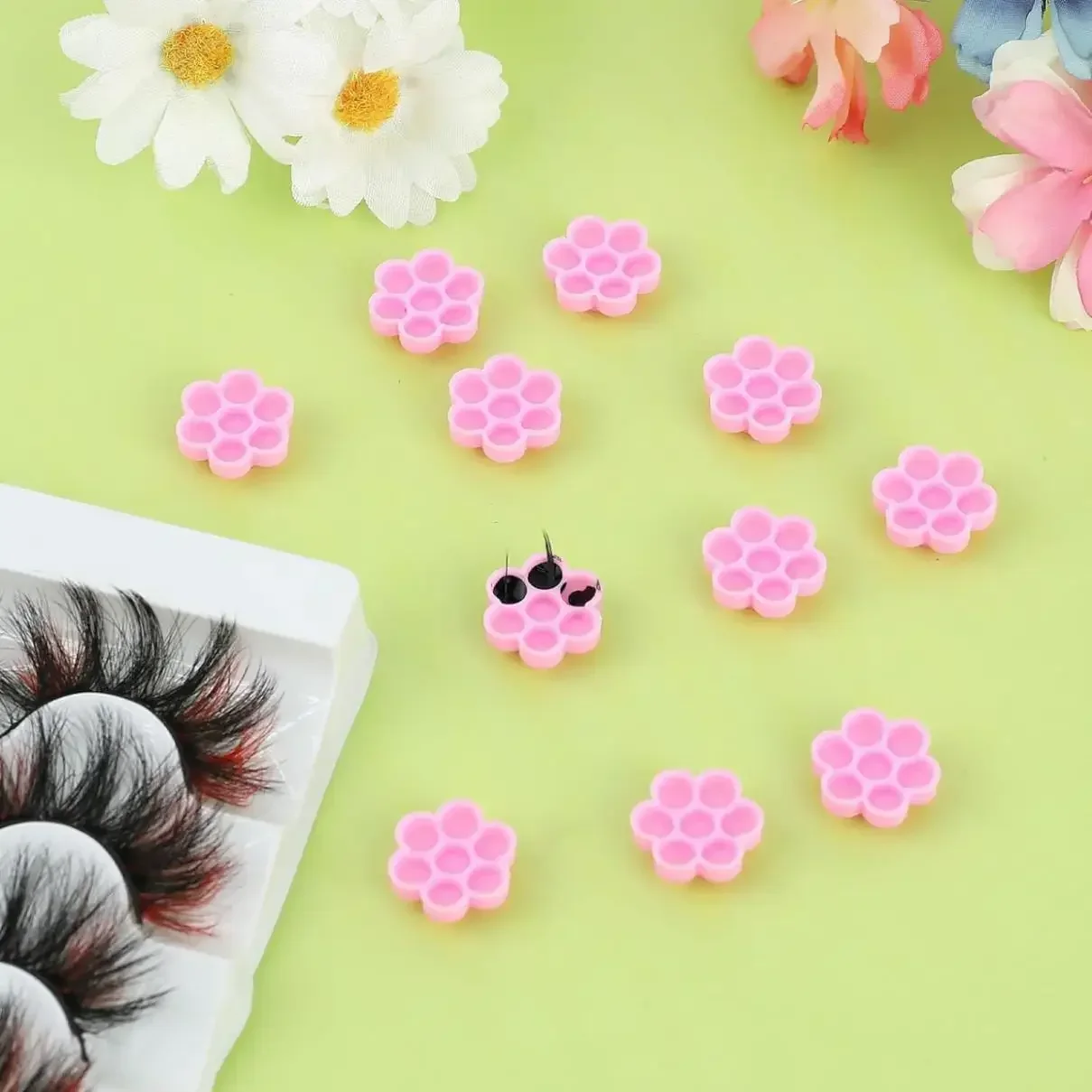 

100 Pcs Pink Flower Shape Glue Delay Cup Grafting Lashes Makeup Tool Tattoo Adhesive Pigment Cups Eyelash Extension Supplies