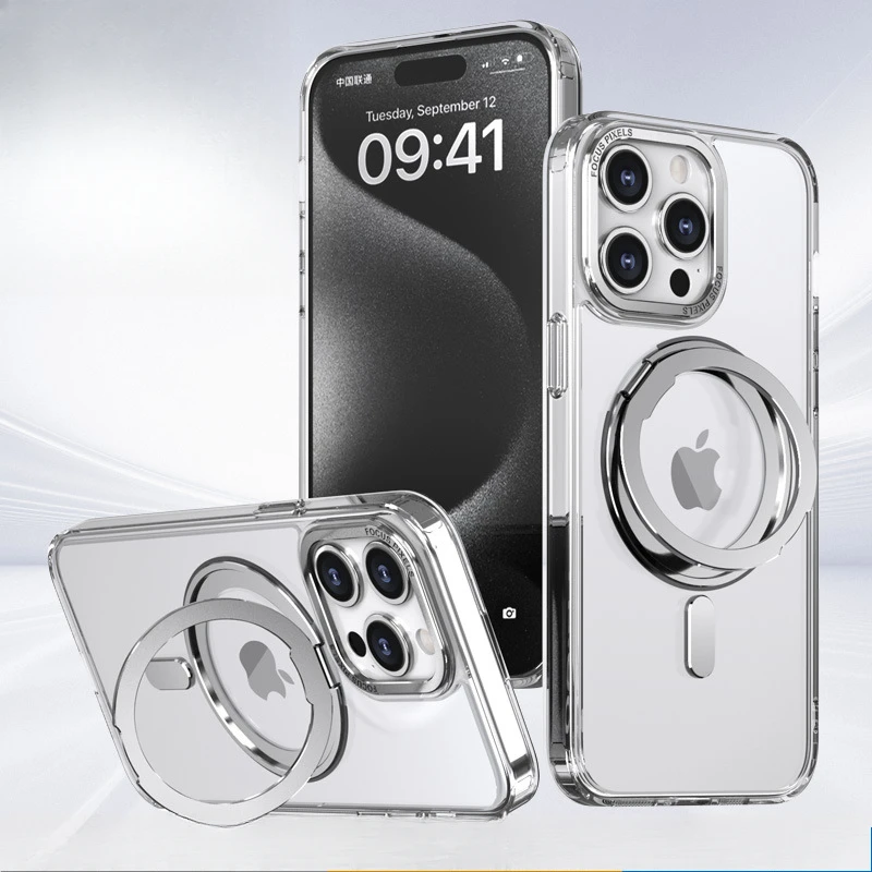 

For iPhone16/15/Pro.max solid color simple advanced sense mobile phone case magnetic transparent rotating stand protective case