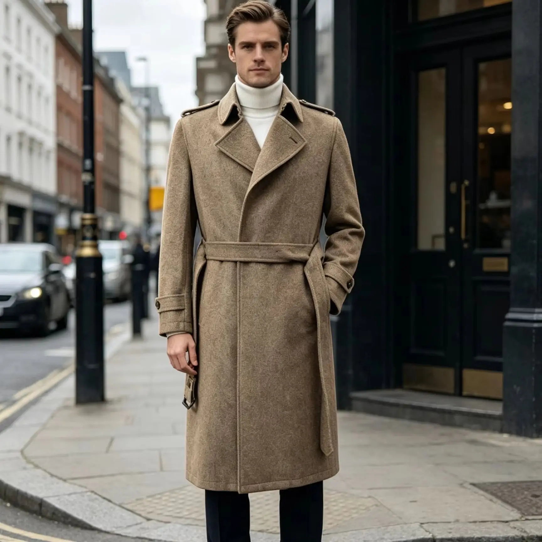 Men 100% Pure Wool Long Overcoat  Double Breasted Luxury Italian Formal Windbreaker Trench Coat Autumn Winter Warm Woolen