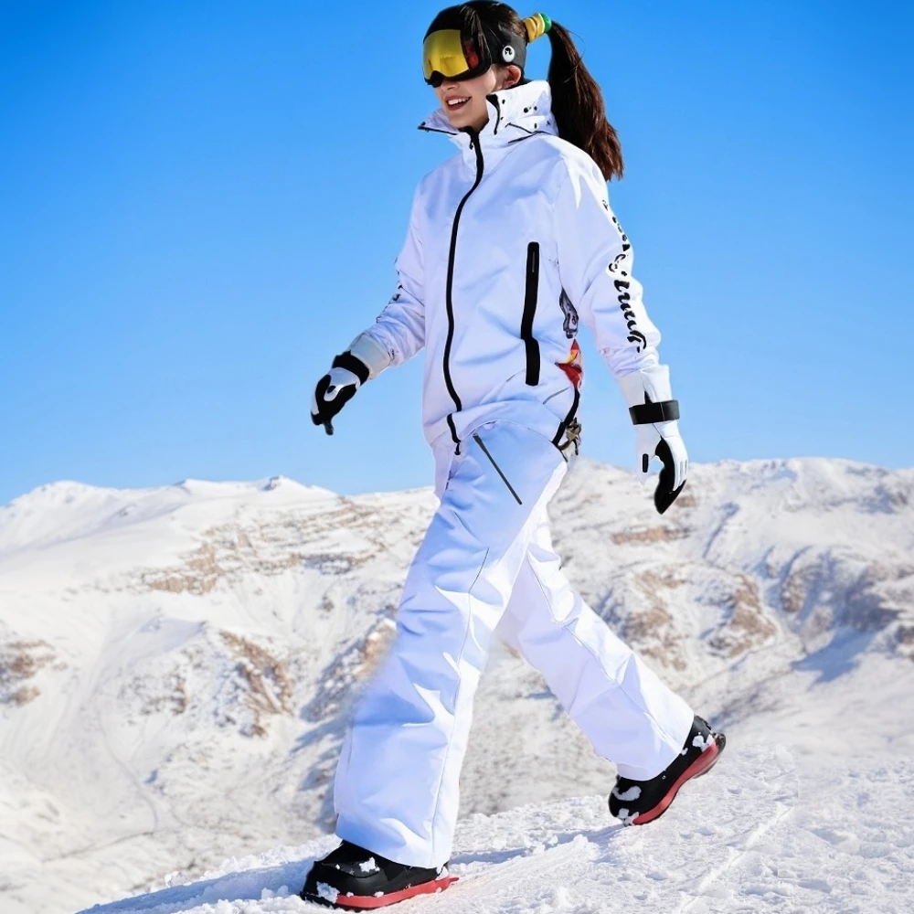 

New Women's Waterproof Ski Suit Set Winter Sports Unisex White Clothes Fashion Print Snow Jacket Adjustable Shoulder Strap Pants