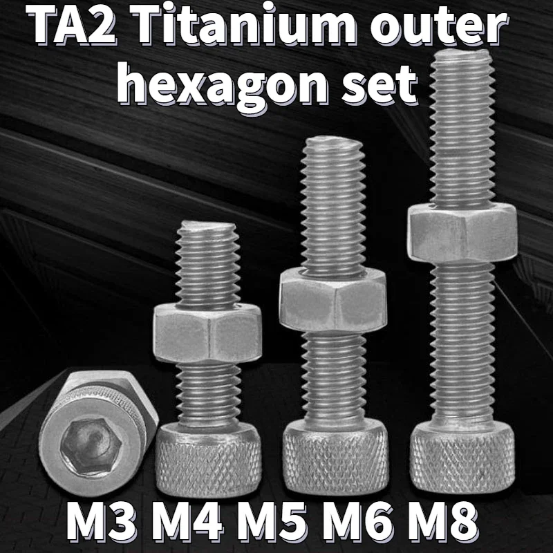 

5Set TA2 Pure Titanium Knurled Hexagon Bolts and Nuts Set Gr2 Titanium Alloy Screws M3 M4 M5 M6 M8