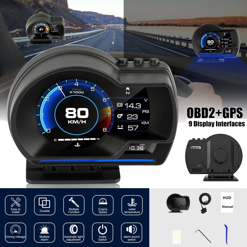 

HUD OBD2+GPS Gauge Head Up Car Digital Display Speedometer RPM Alarm Water&Oil Temp Monitor Fault Code Elimination