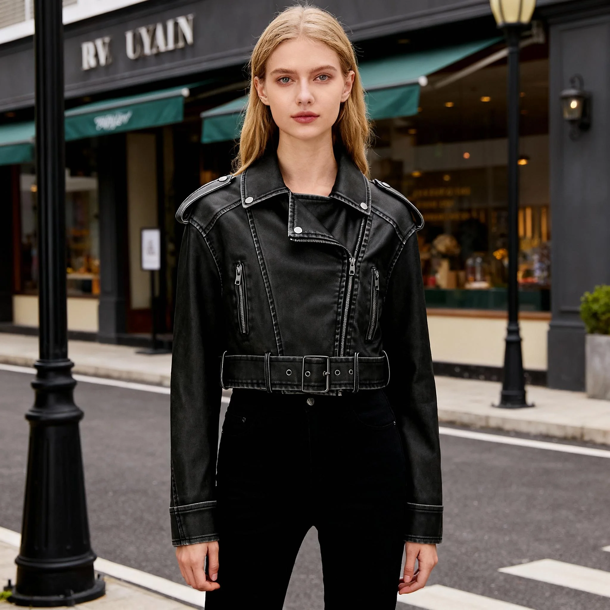 ​ ​   Veste de moto en cuir Pu noir pour femme, coupe cintrée, ceinture de taille réglable, clous argentés, fermeture à glissière, manteaux de printemps, d'automne et d'hiver ​ ​