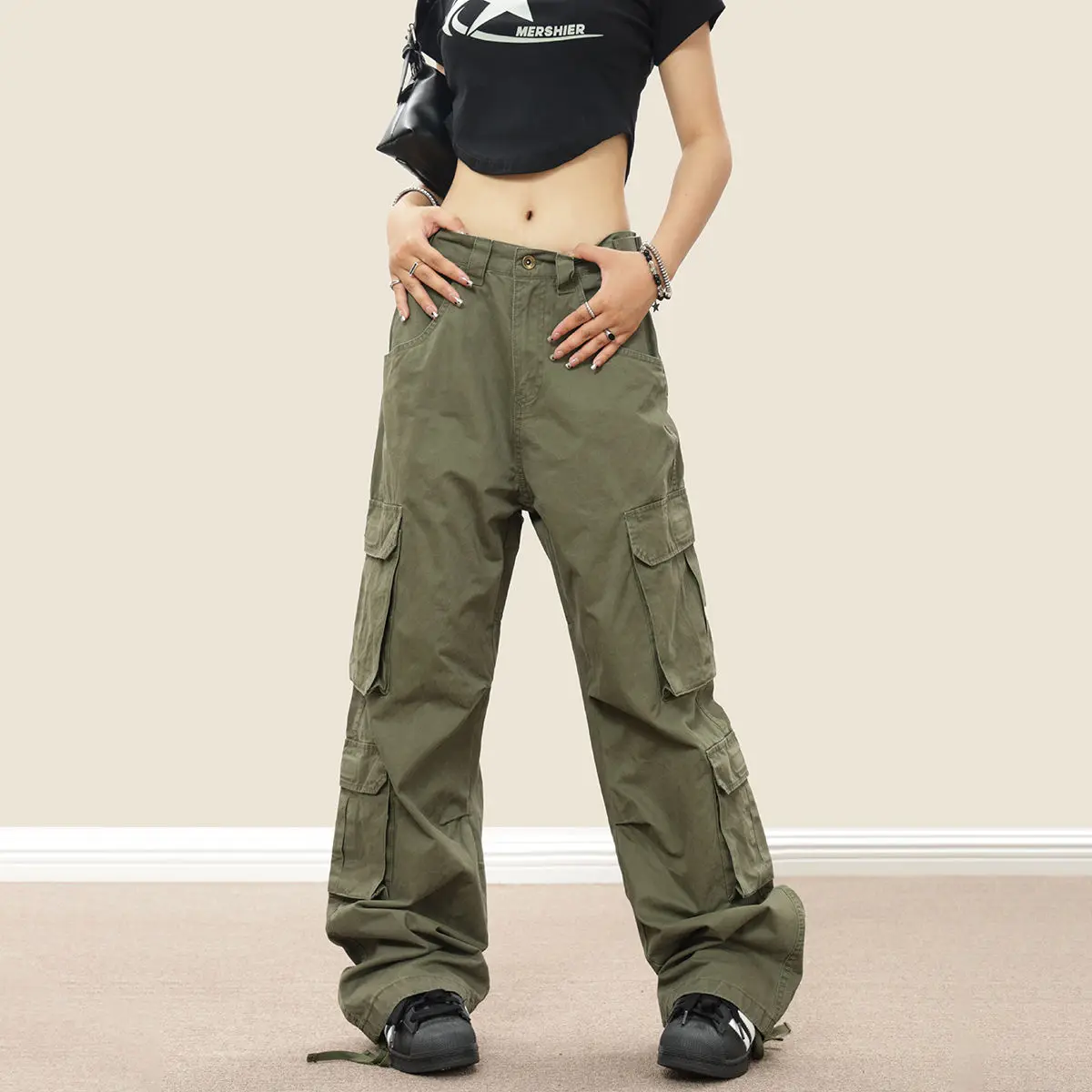 Pantalon Cargo Baggy à Poches Multiples pour Femme, Streetwear Harajuku, Pantalon Droit, Vintage Vert, Grande Taille, Mode Fjk, Années 2000, Y2K