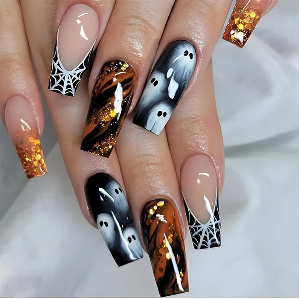 24pcs Halloween Press on Nails Ghost Print Decorated Nail Tips Long Fake Nails Halloween False Nails Acrylic Artificial Nails