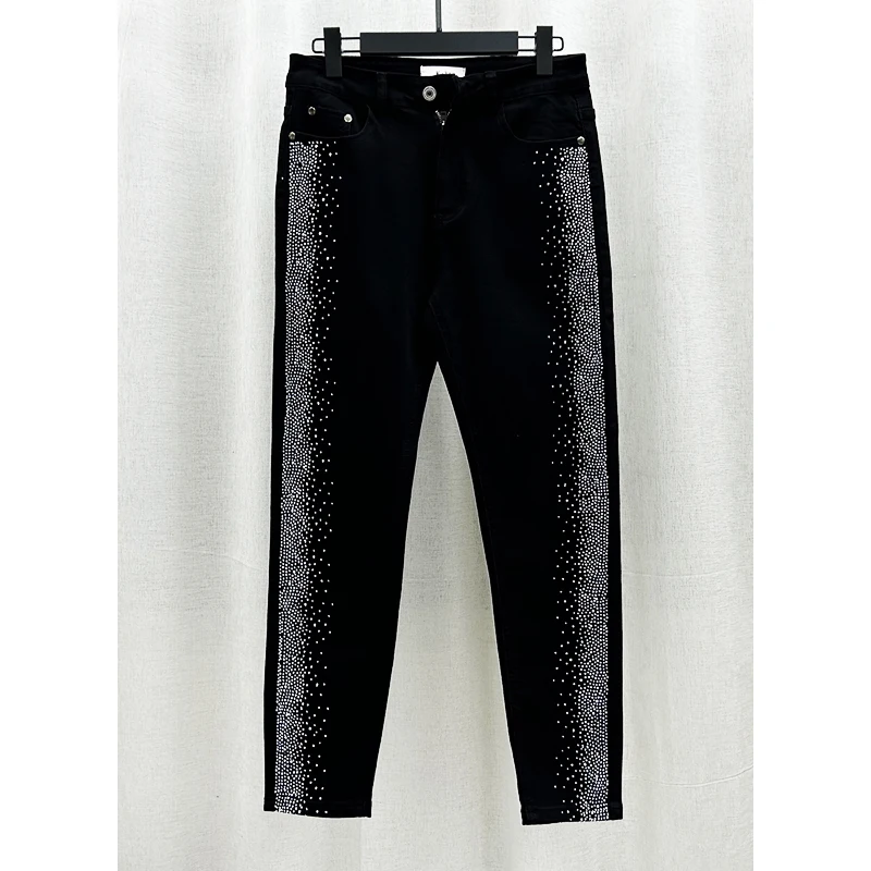 

New Advanced Heavy Design Bla Diamond Embellied Jeans Men's Sli Trendy Slim Fit Elastic Casual Ankle-Length Pants