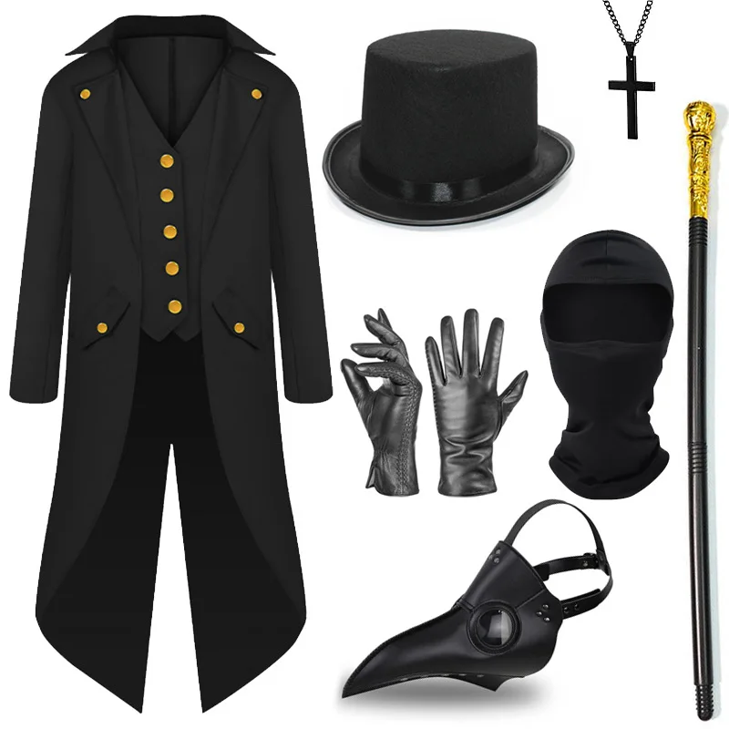

Medieval Vintage Cosplay Costume Man Medium Length Punk Tailcoat Full Set Halloween Party Vampire Coat Carnival Festival Outfits