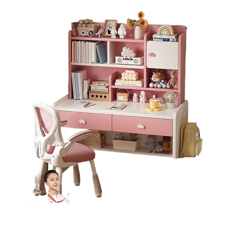 Solid wood desk bookshelf, integrated table, primary school student study table, bedroom writing table