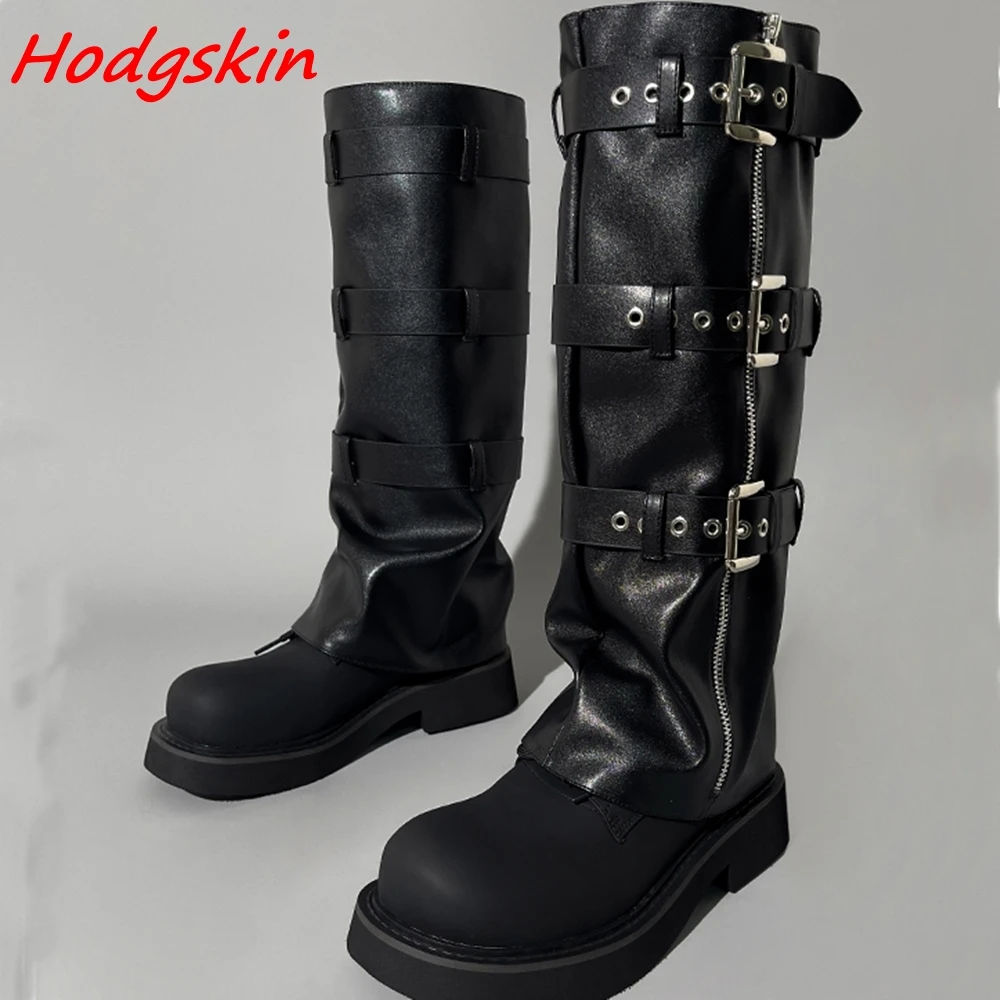 

Cow Leather Belt Buckle Boots Knee High Round Toe Zip Chunky Heels 3-5cm New Arrivals Men Modern Boots 2024 Black Couple Shoes