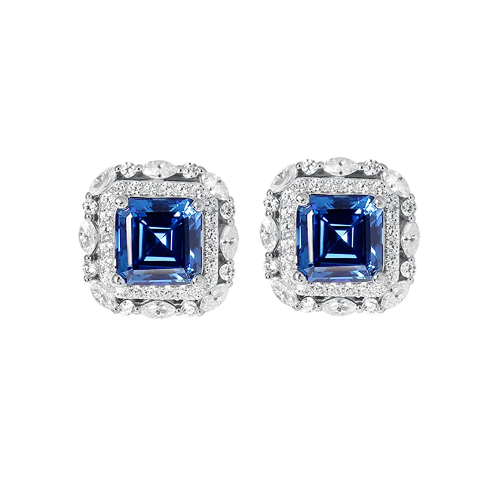 Retro 100% 925 Real Silver 7*7MM Sapphire Stud Earrings for Women Gemstone Wedding Party Fine Jewelry Birthday Gift Accessories