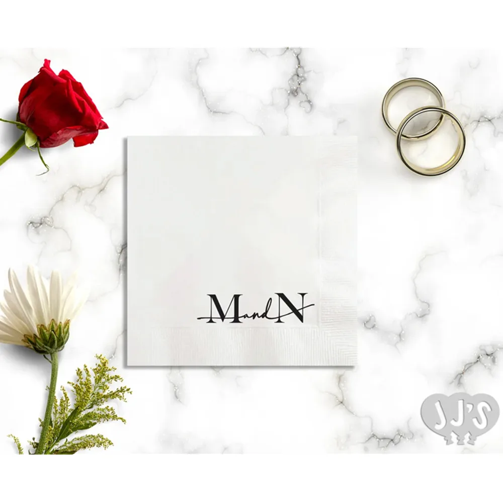 

50PCS Custom Wedding Napkins: Modern Monogram in Black and White Custom and Personalized Wedding and Engagement Beverage Napkins