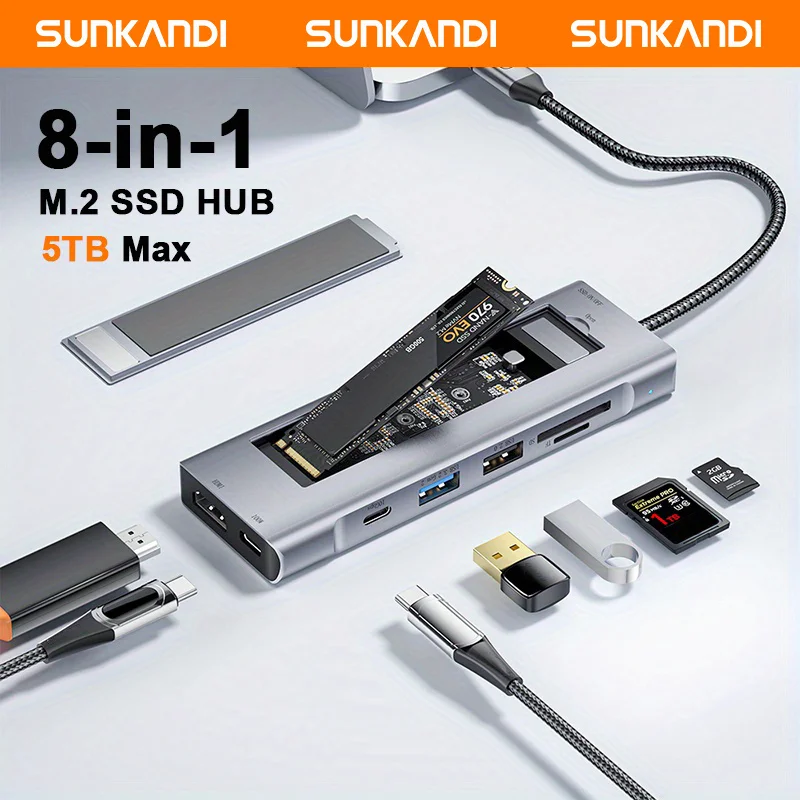 

SUNKANDI The Universe 8 в 1 USB C-концентратор для ноутбука с функцией внешнего жесткого диска 10 Гбит/с для M.2 PCIe NVMe и SATA SSD