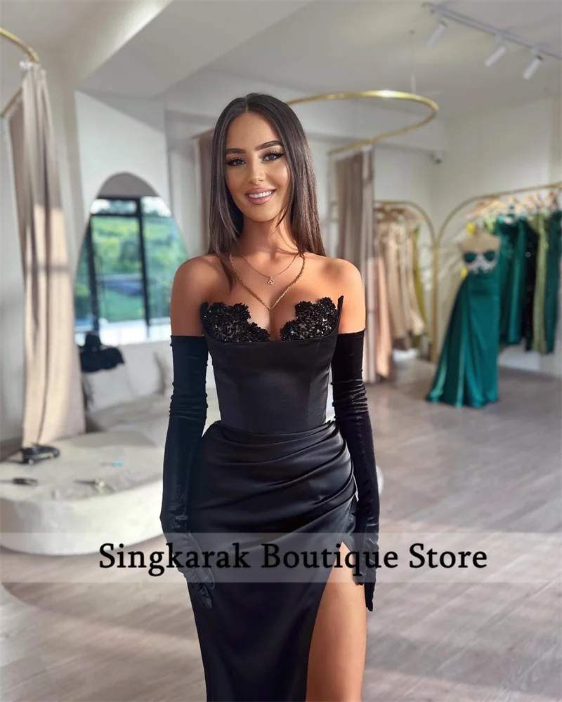 Elegant Black Prom Gown 2024 With Two Gloves Sweetheart Beads Lace Wedding Party Wear Evening Dress Birthday Party