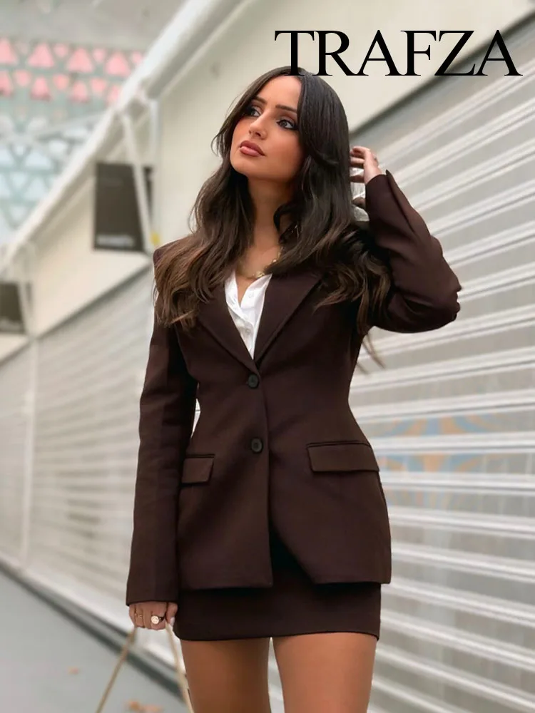 TRAFZA Spring Fashion Women Suits Brown Turn-Down Collar Long Sleeves Single Breasted Blazer+High Waist Zipper Skirt Female Sets