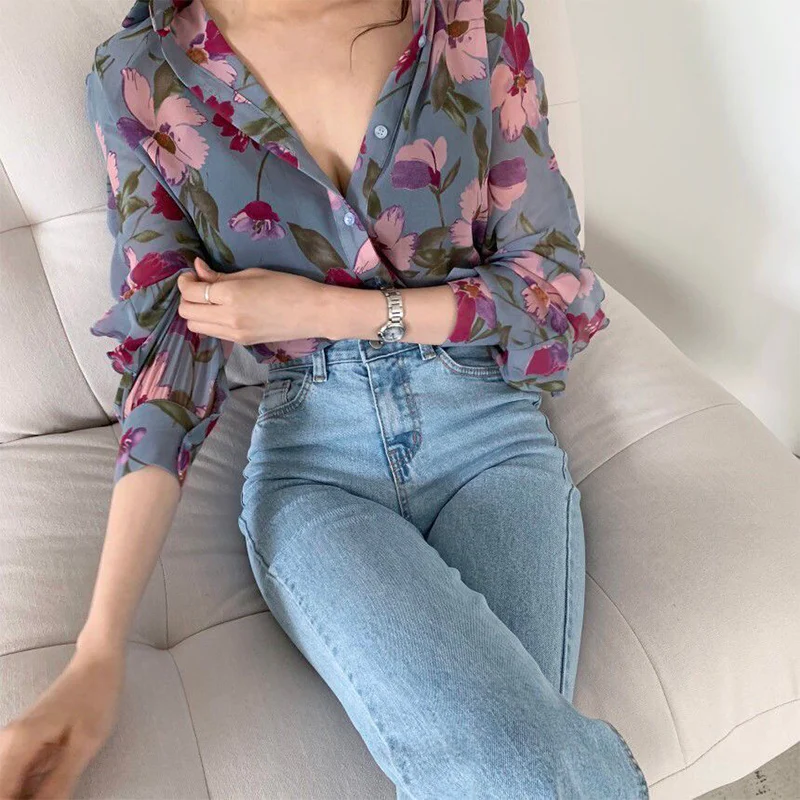 Spring Summer Casual Fashion Floral Print Long Sleeve Chiffon Shirt Women Sweet All-match Oversized Blouse Female Cardigan Top