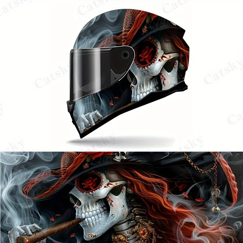 

Gothic Dark red haired skeleton surrounded by smoke PVC Motorcycle Helmet Vinyl Wrap, Self-Adhesive Waterproof Sticker, Anti-Scr