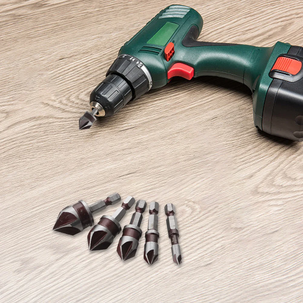 5 STKS Verzonken Bits 82 Graden 5 Fluit 1/4 Inch Hex Schacht HSS Hex Afschuining Saai Boor Ontbramen Bit voor Hout Metaal Plastic