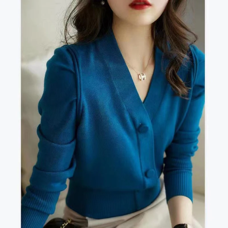 Elegant V Neck Pullover For Women Autumn Winter Woman Clothes Blue Long Sleeve Sweaters Mujer Korean Fashion Knitted Tops Female