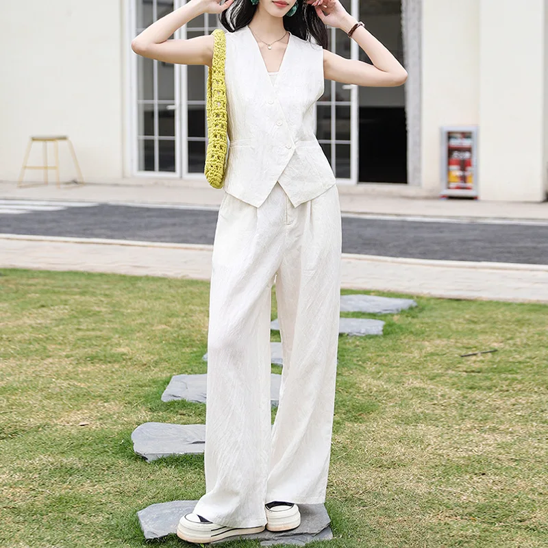 

Женский комплект из двух предметов, элегантный офисный женский хлопковый льняной топ без рукавов, жилет и высококачественные широкие брюки, женская одежда