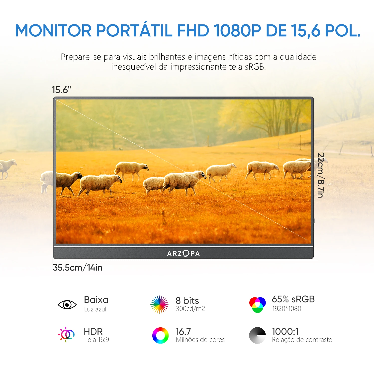 [produto no brasil]ARZOPA 15,6 polegadas Monitor portátil 1080P FHD, tela IPS 16:9, corpo de metal, com capa de couro, mini HDMI tipo C,