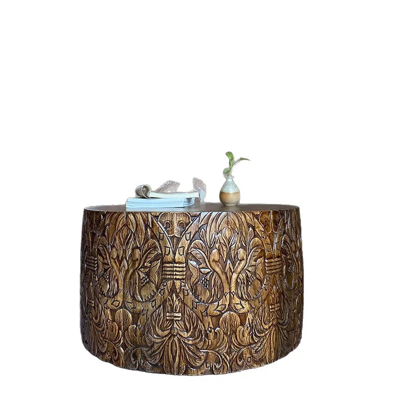 Medieval solid wood round coffee table old homestay soft decoration living room sofa side few retro South East Asia carved